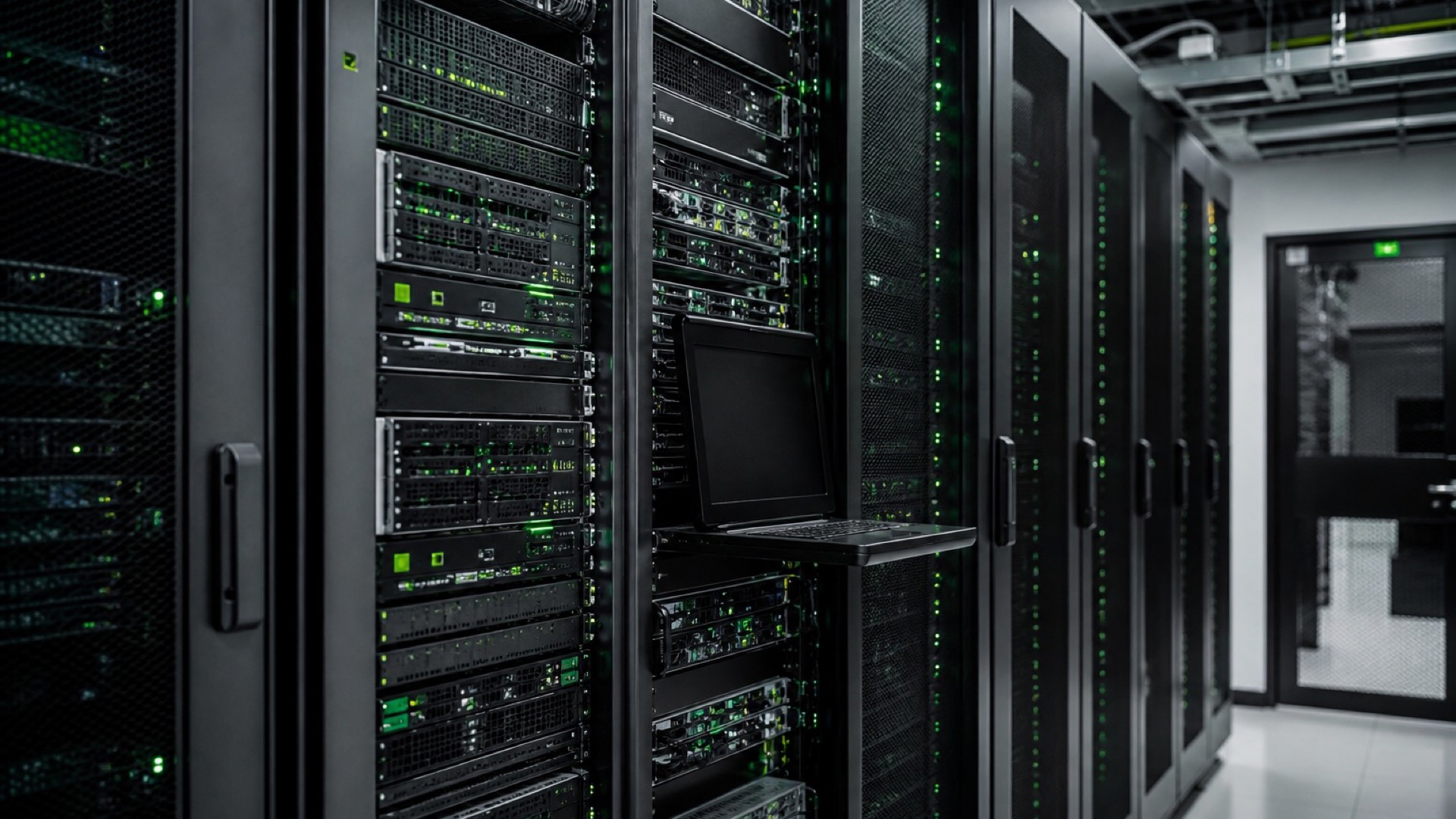 Server room aisle with rack-mounted infrastructure used for production operations